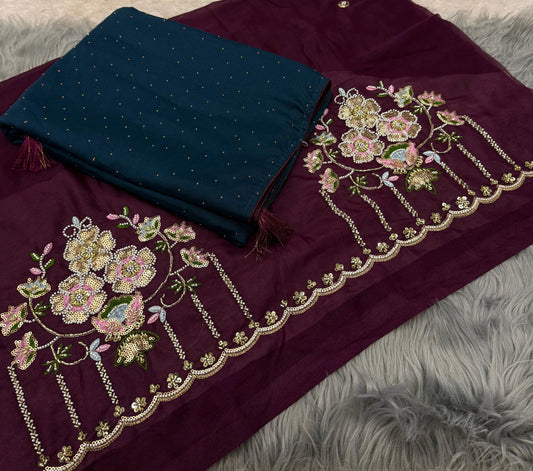 NN-2068 Star chiffon fabric with chatni work with beautiful pipping allover saree with latkan on it with contrast heavy handwork blouse