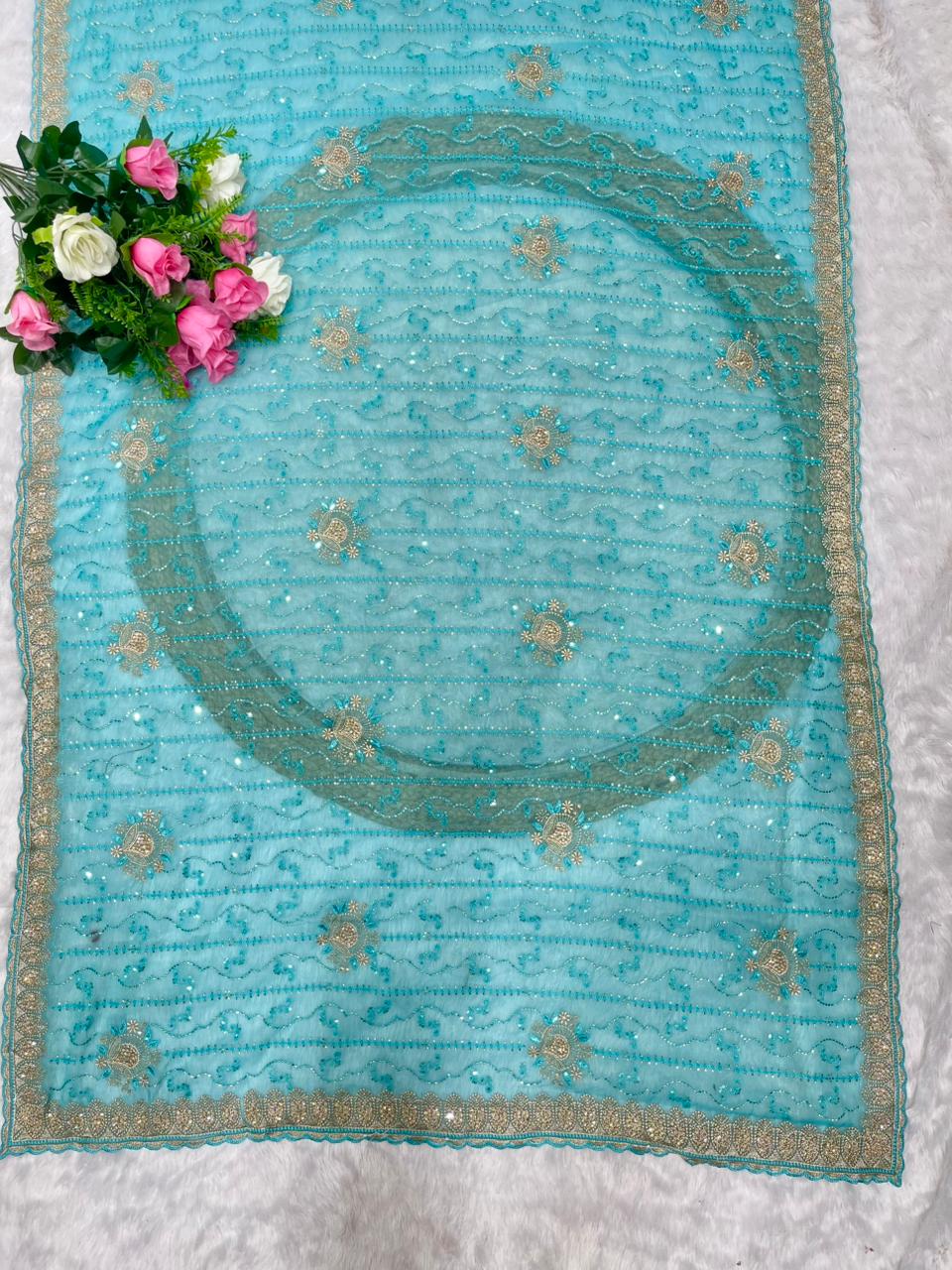 BS-JALWA FENDI SAREE WITH SUPER HEAVY EMBORIDERY WORK WITH BOX THREAD WORK ON BODY WITH SEQUENCE WORK