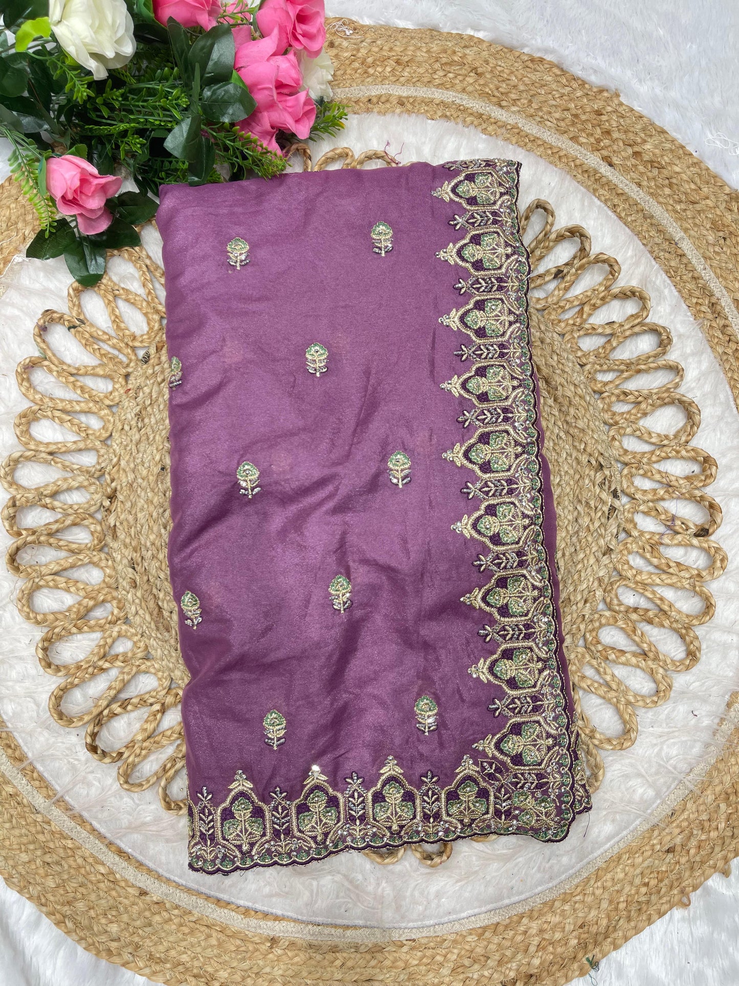 BS-JEEVAN SATHI CHOCLATE SAREE WITH SUPER HEAVY EMBORIDERY WORK WITH THREAD WORK WITH JARKAN WORKCHOCALTE