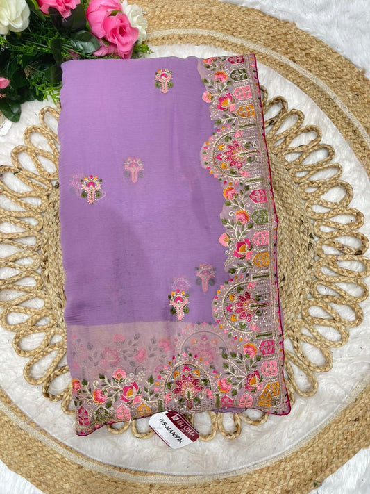 BS-MANIPAL Vari Chiffon saree multi thread work with contrast piping work beautiful look pesatal matching