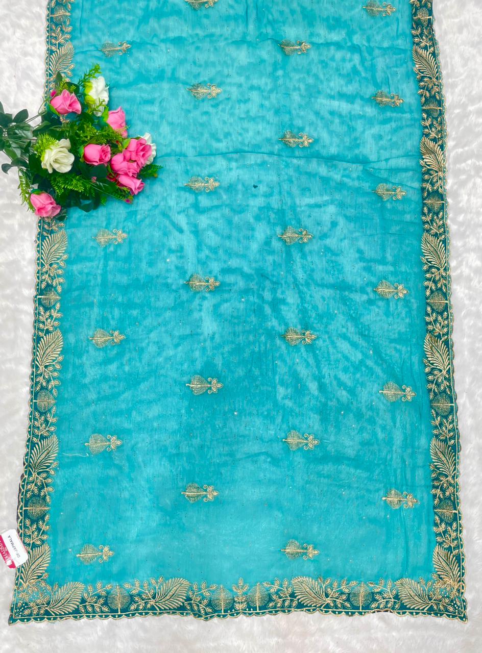 DF-JAPMALA SIMMER SAREE WITH BEAUTIFUL HEAVY EMBORIDERY WORK WITH SIROSKI WORK