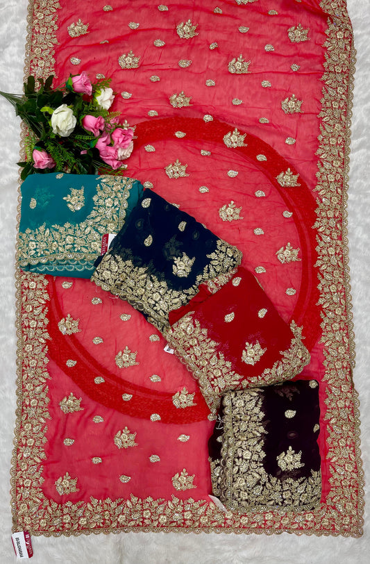 BS-RAJGHARANA Fendi satin saree with super heavy border embroidery work with jarkan work butti design on body with heavy firma blouse