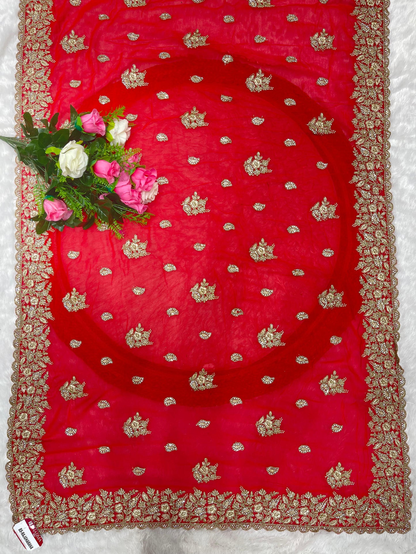 BS-RAJGHARANA Fendi satin saree with super heavy border embroidery work with jarkan work butti design on body with heavy firma blouse