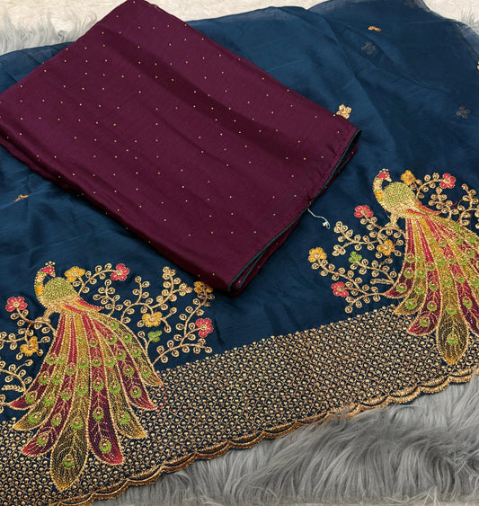 NN-2079 Moss chiffon fabric with chatni work allover saree with beautiful pipping and latkan on it with contrast heavy embroidary work