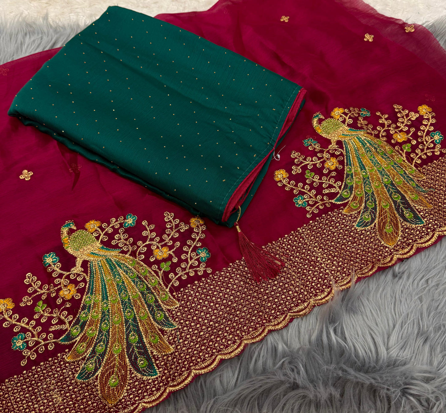 NN-2079 Moss chiffon fabric with chatni work allover saree with beautiful pipping and latkan on it with contrast heavy embroidary work