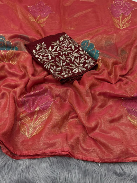 NN-2075 NC Soft Orgenza with orignal handpaint saree with pipping and tussels with Vichitra chiffon fabric with heavy handwork blouse