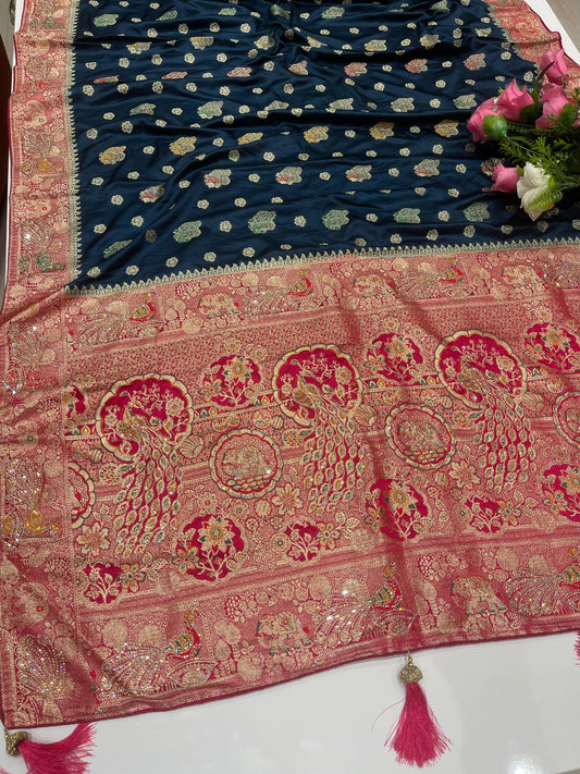 AJ-BARATI Dyeable Satin Silk with chaap dying with heavy jarkan work with proper figure to figure match with contrast pallu and blouse with heavy tassels