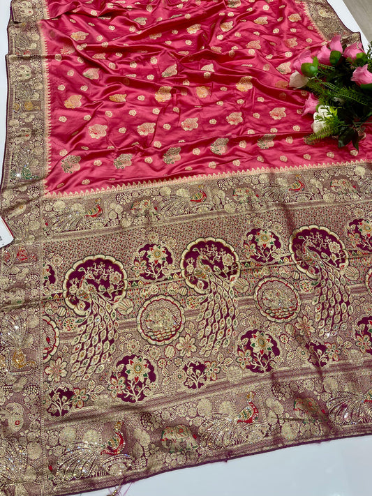 AJ-BARATI Dyeable Satin Silk with chaap dying with heavy jarkan work with proper figure to figure match with contrast pallu and blouse with heavy tassels