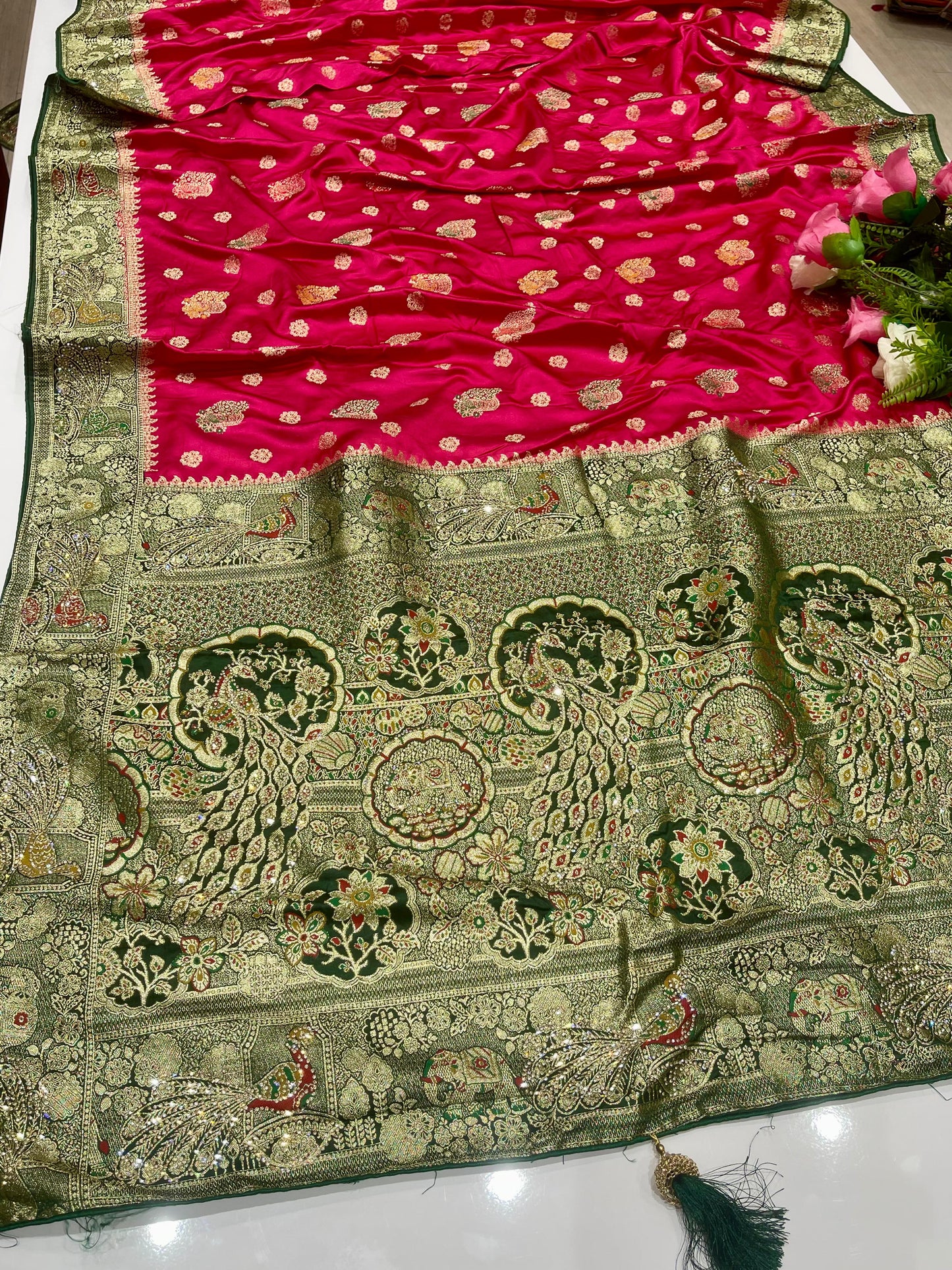 AJ-BARATI Dyeable Satin Silk with chaap dying with heavy jarkan work with proper figure to figure match with contrast pallu and blouse with heavy tassels