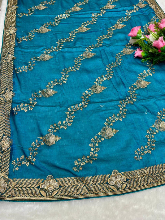 DF-KANYA PREMIUM FENDI CHIFFON WITH HEAVY BORDER EMBORIDERY WITH LAHERIA DESIGN ON BODY WITH SIROSKI WORK AND HEAVY BLOUSE