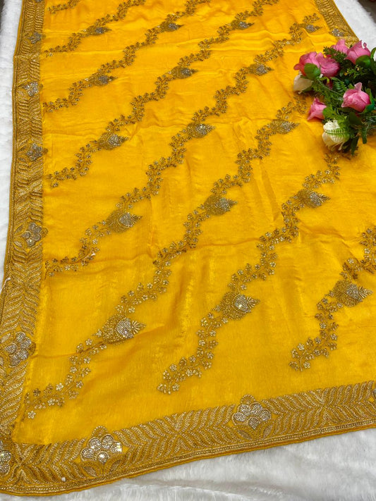 DF-KANYA PREMIUM FENDI CHIFFON WITH HEAVY BORDER EMBORIDERY WITH LAHERIA DESIGN ON BODY WITH SIROSKI WORK AND HEAVY BLOUSE