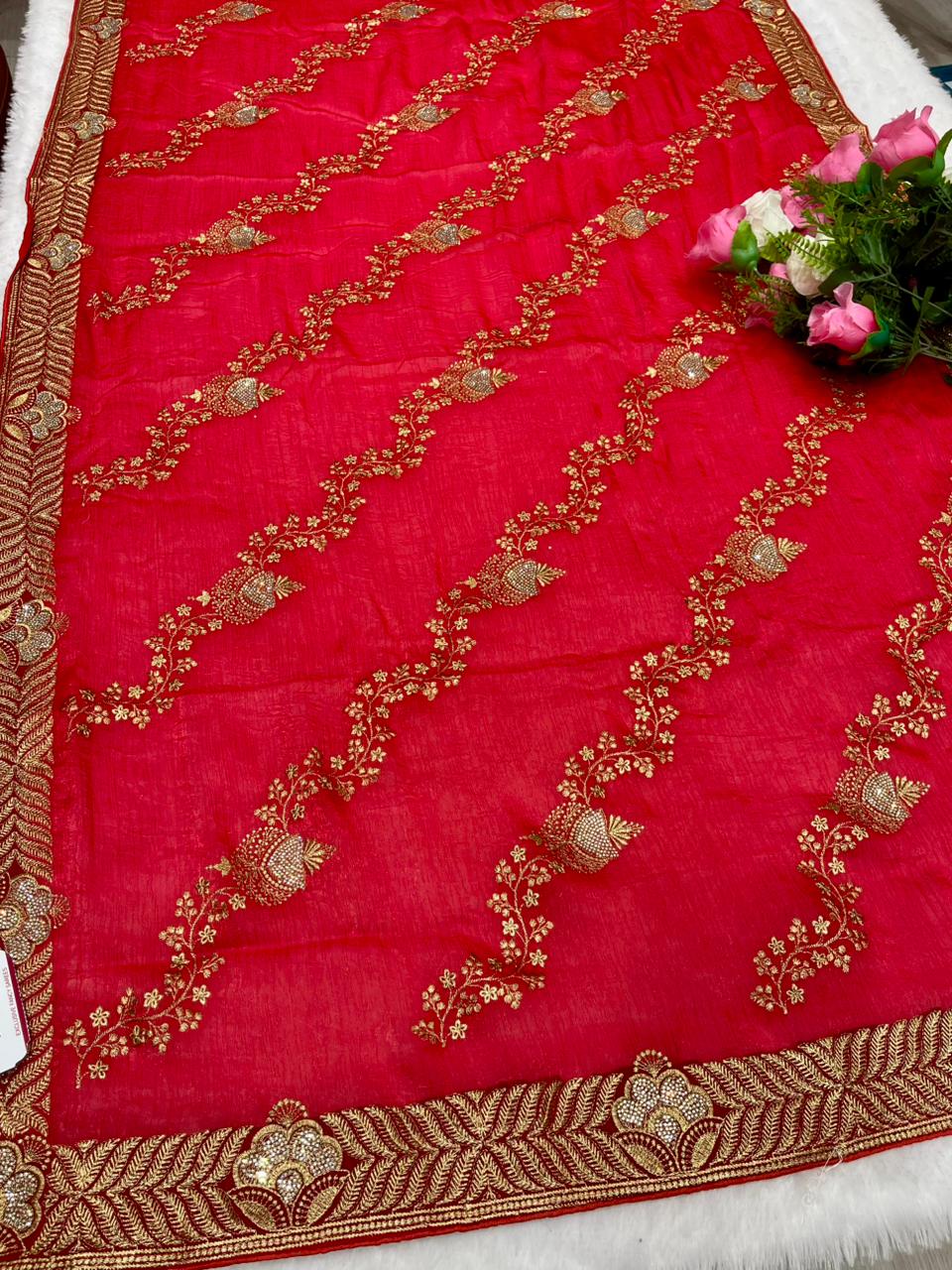 DF-KANYA PREMIUM FENDI CHIFFON WITH HEAVY BORDER EMBORIDERY WITH LAHERIA DESIGN ON BODY WITH SIROSKI WORK AND HEAVY BLOUSE