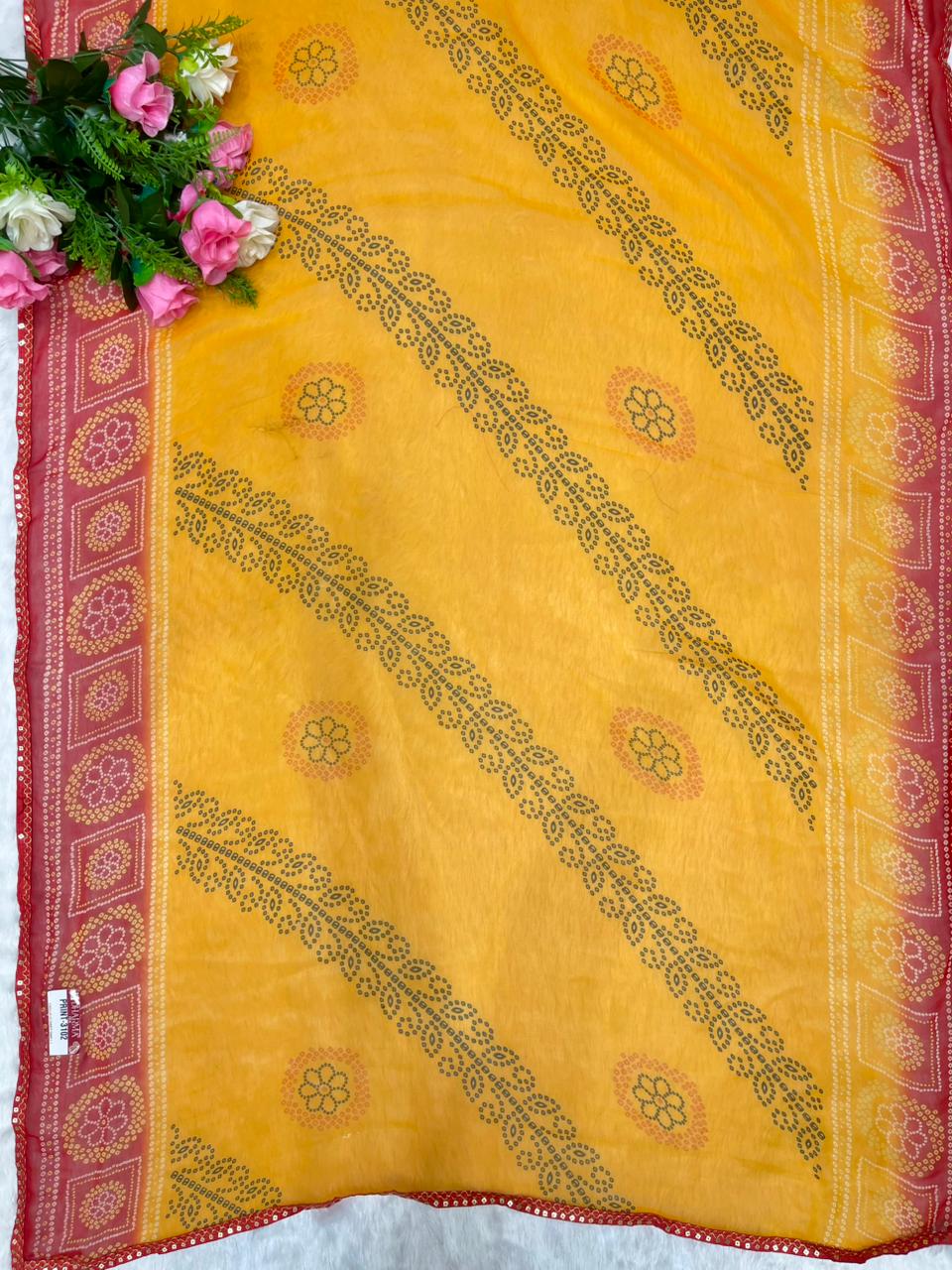 PRINT-3102 HEAVY WEIGHTLESS SAREE BEAUTIFUL CHUNRI PRINT WITH SEQUENCE AND PETHA LACE WITH BLOUSE 6.30 MTR CUT