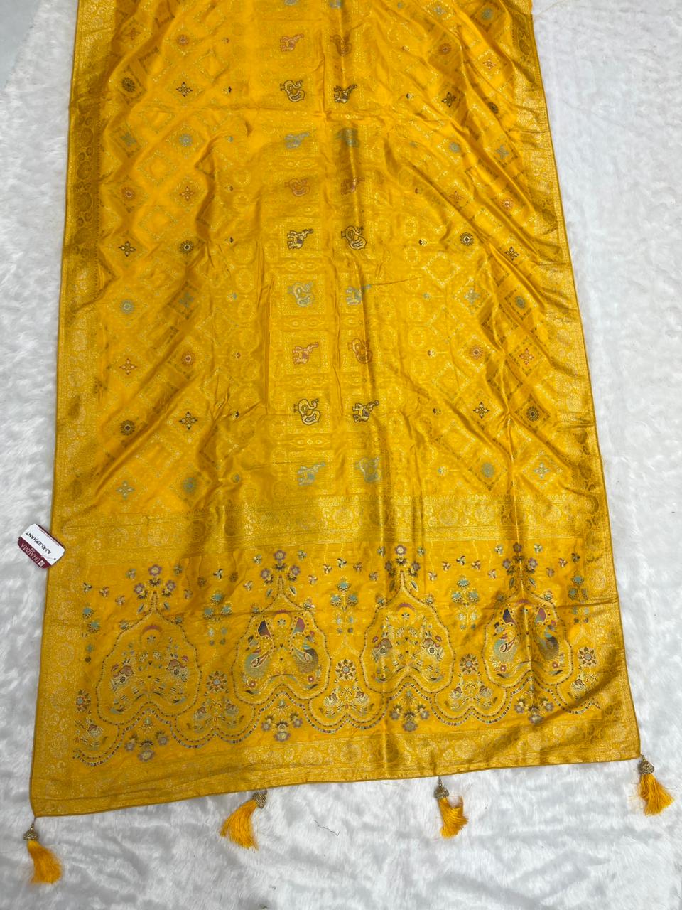 AJ-ELEPHANT EUROPIAN DOLA SILK WITH RICH PALLU WITH SPEICAL BANDANI MIX WITH PATOLA DESIGN SUPER TRENDING ARTICLE WITH LUXURY TASSELS