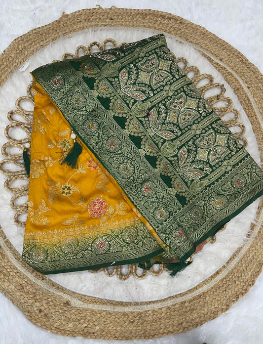 BS-VODAFONE DOLA SILK SAREE MULTI DESIGN RICH PALLU WITH 2D DYING WITH LITTLE JHAL WORK ON BODY WITH TASSELS