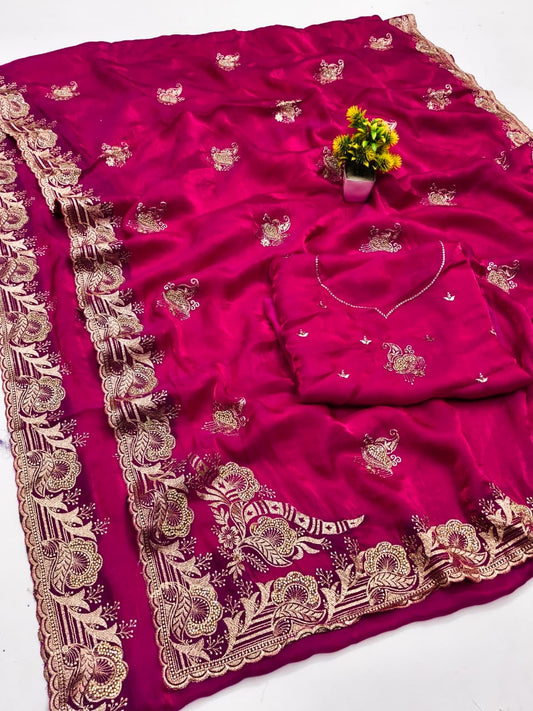 DF-HEMANGI FENDI SATIN SAREE WITH BEAUTIFUL BOX PALLU WITH BEAUTIFUL EMBORIDERY WORK WITH FIRMA BLOUSE