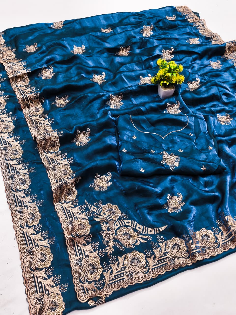 DF-HEMANGI FENDI SATIN SAREE WITH BEAUTIFUL BOX PALLU WITH BEAUTIFUL EMBORIDERY WORK WITH FIRMA BLOUSE