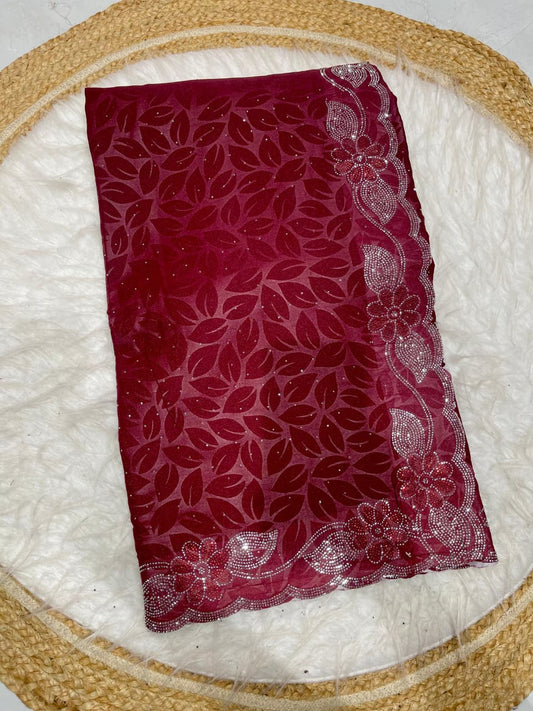 KAS-ZERO STAR GEORGETTE WITH EMBOSS PRINT WITH SIROSKI LEAF BORDER WITH SIROSKI RAIN ALL OVER