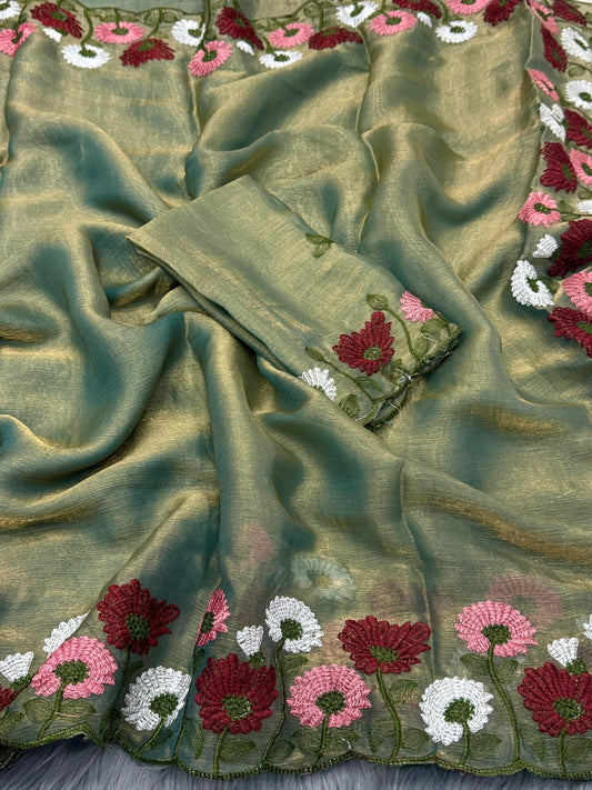 NN-2084 Space silk fabric with C-pallu 5 niddle embroidary work with Rangoli blooming fabric with embroidary work