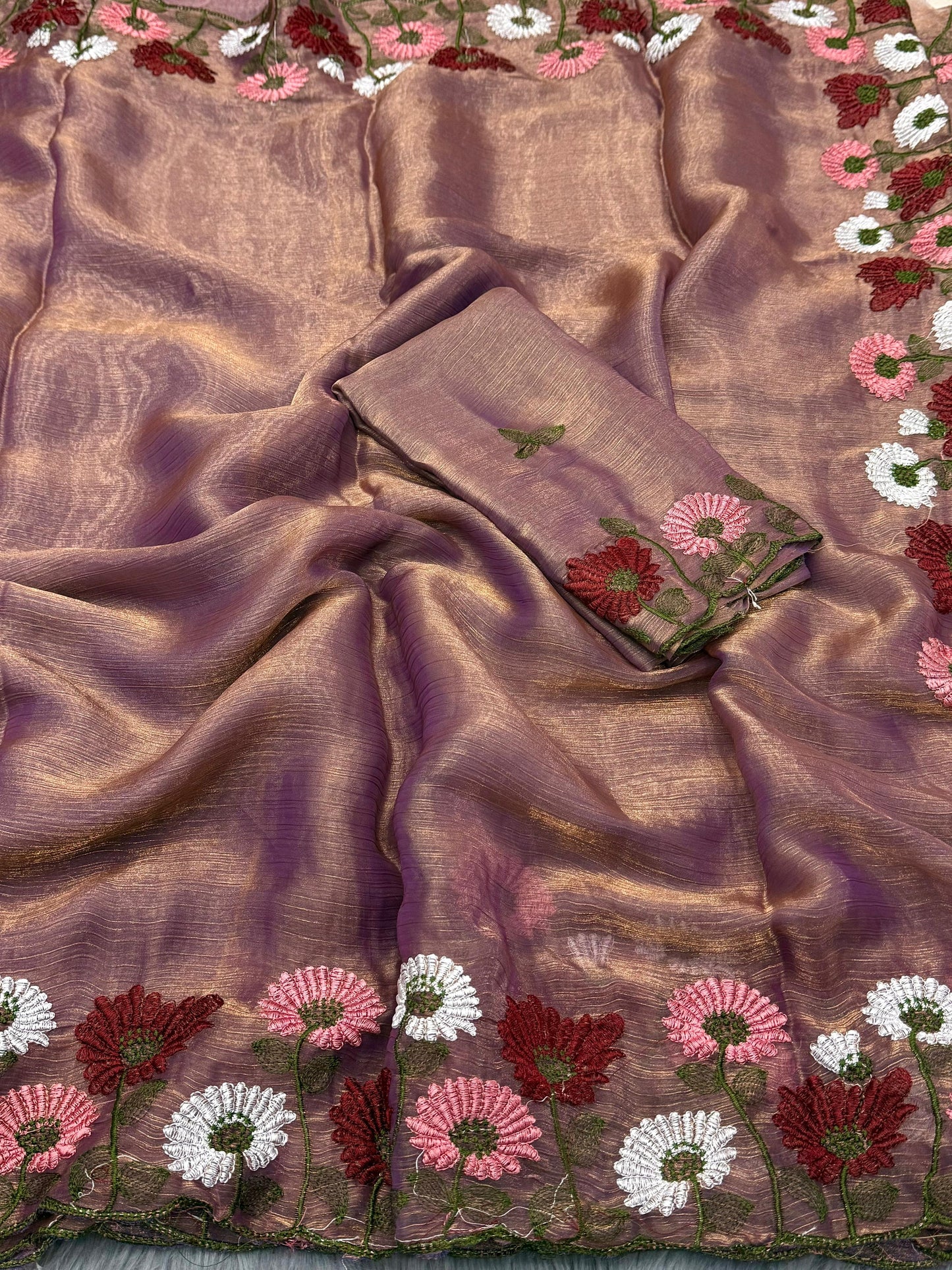 NN-2084 Space silk fabric with C-pallu 5 niddle embroidary work with Rangoli blooming fabric with embroidary work