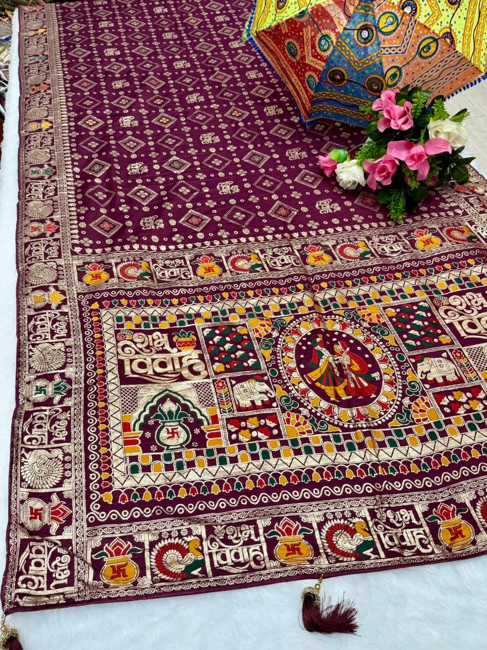 AJ-SUBH-VIVAH Soft Dyeable Silk with viral subh vivah design full banarasi jaree weaving with heavy latkan and box design in body