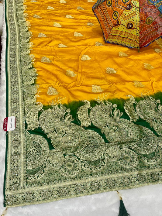 BS-SITAPUR SOFT SILK SAREE WITH BEAUTIFUL RICH PALLU DESIGN WITH HEAVY JARKAN WORK WITH SAREE WITH 2D DYING