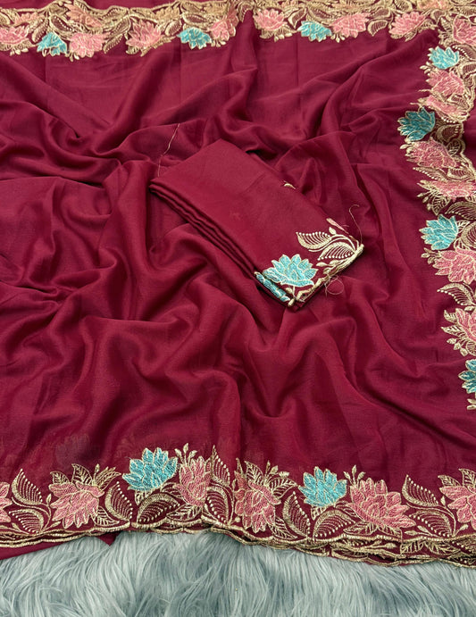 NN-2085 Star georgette fabric with beautiful embroidary c-pallu work with star georgett fabric with contrast embroidary work