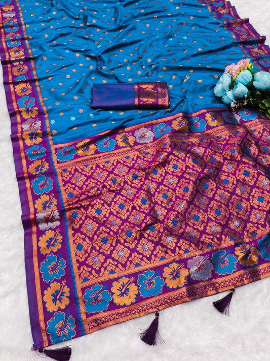 AJ-JASWANT PAITHANI SOFT PAITHAI SILK VIRAL JAWANT PAITHANI DESIGN WITH CONTRAST BORDER AMD PALLU WITH TASSELS