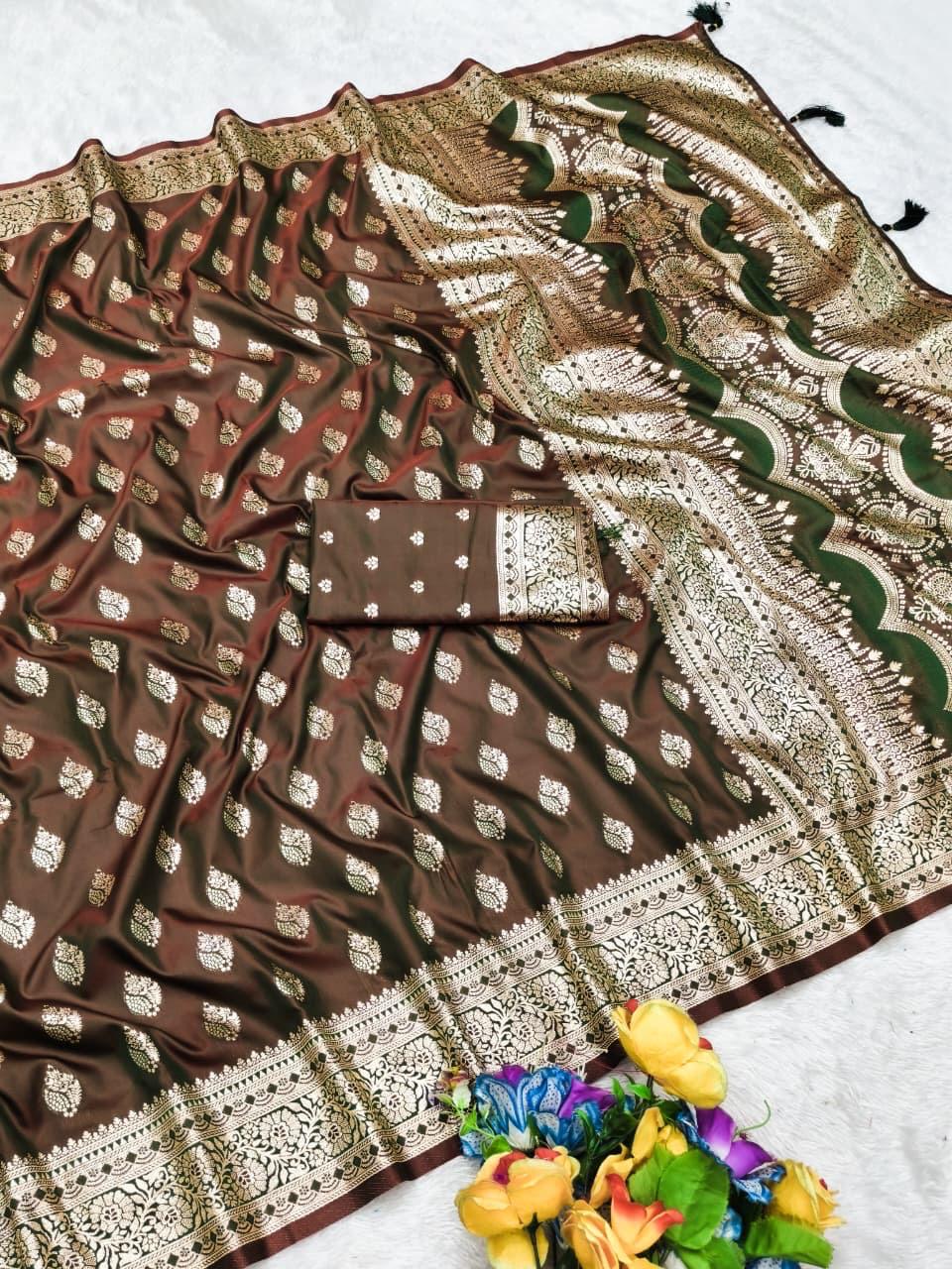 AJ-NAINITAL SOFT SILK SAREE WITH SATIN LOOK WITH MEENAKARI WORK SPECIAL BANARAS DESIGN WITH RICH PALLU