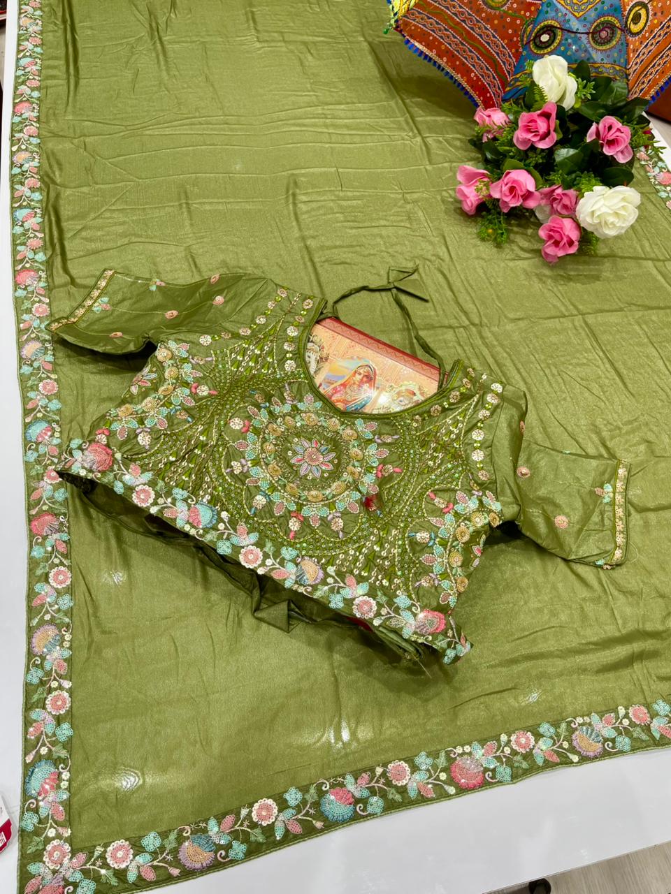 DF-FASHION KI DUNDIYA ORIGINAL CHOCLATE SAREE WITH BEAUTIFUL THREAD AND SEQUENCE WORK AT BORDER WITH STICHED HEAVY BLOUSE