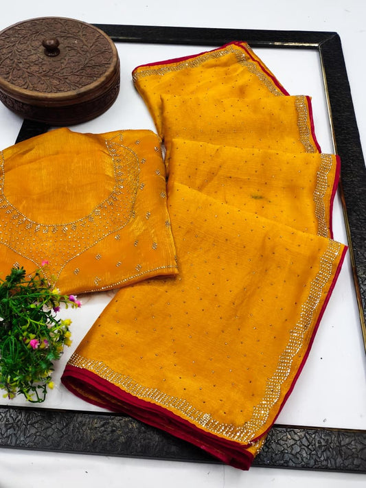 DF-SITA SPACE SILK SAREE WITH BEAUTIFUL JARKAN WORK WITH PIPING BORDER WITH HEAVY FIRMA BLOUSE