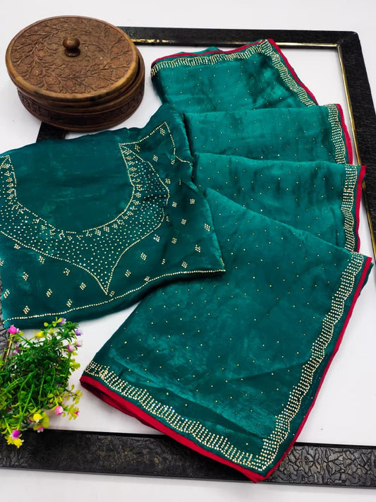 DF-SITA SPACE SILK SAREE WITH BEAUTIFUL JARKAN WORK WITH PIPING BORDER WITH HEAVY FIRMA BLOUSE