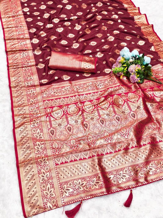 AJ-FOOL N FINAL SOFT SILK SAREE WITH GRAND PALLU WITH CONTRAST BORDER AND PALLU EITH HEAVY WEAVING DESIGN BROCADE BLOUSE