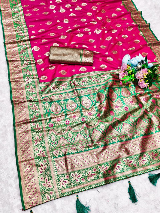 AJ-FOOL N FINAL SOFT SILK SAREE WITH GRAND PALLU WITH CONTRAST BORDER AND PALLU EITH HEAVY WEAVING DESIGN BROCADE BLOUSE