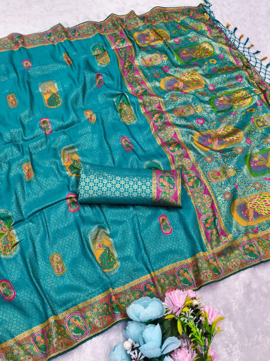 AJ-TISSUE-PEACOCK TISSUE SILK SAREE WITH BEAUTIFUL PEACOCK DESIGN HEAVY SHOWROOM PIECE REAL TISSUE FEEL WITH HEAVY BLOUSE