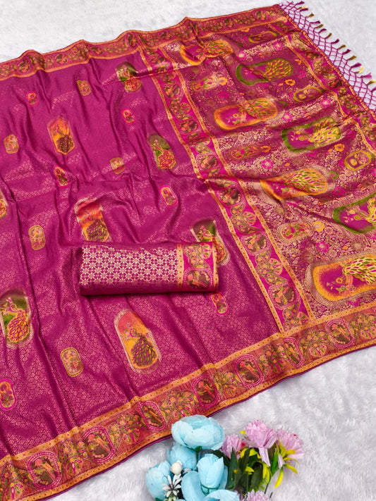 AJ-TISSUE-PEACOCK TISSUE SILK SAREE WITH BEAUTIFUL PEACOCK DESIGN HEAVY SHOWROOM PIECE REAL TISSUE FEEL WITH HEAVY BLOUSE