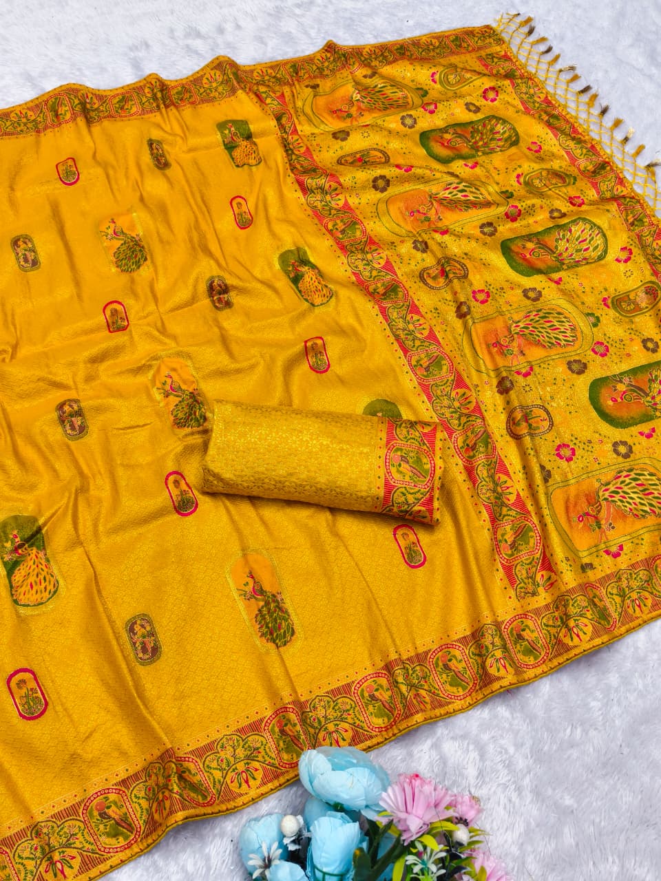 AJ-TISSUE-PEACOCK TISSUE SILK SAREE WITH BEAUTIFUL PEACOCK DESIGN HEAVY SHOWROOM PIECE REAL TISSUE FEEL WITH HEAVY BLOUSE
