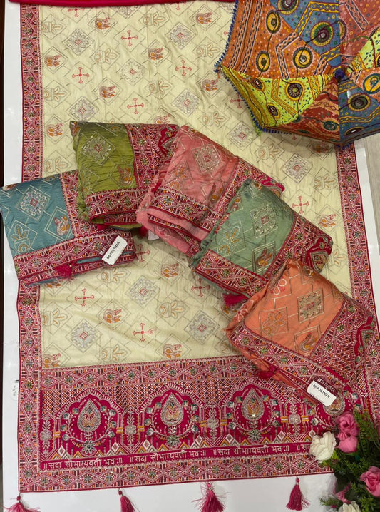 BS-POSTMAN SATIN KANJIVARAM SILK GHATCHOLA GUJRATI DESIGN WITH RICH HEAVY PALLU AND BEAUTIFUL BODY DESIGN WITH CONTRAST BLOUSE WITH HEAVY WORK