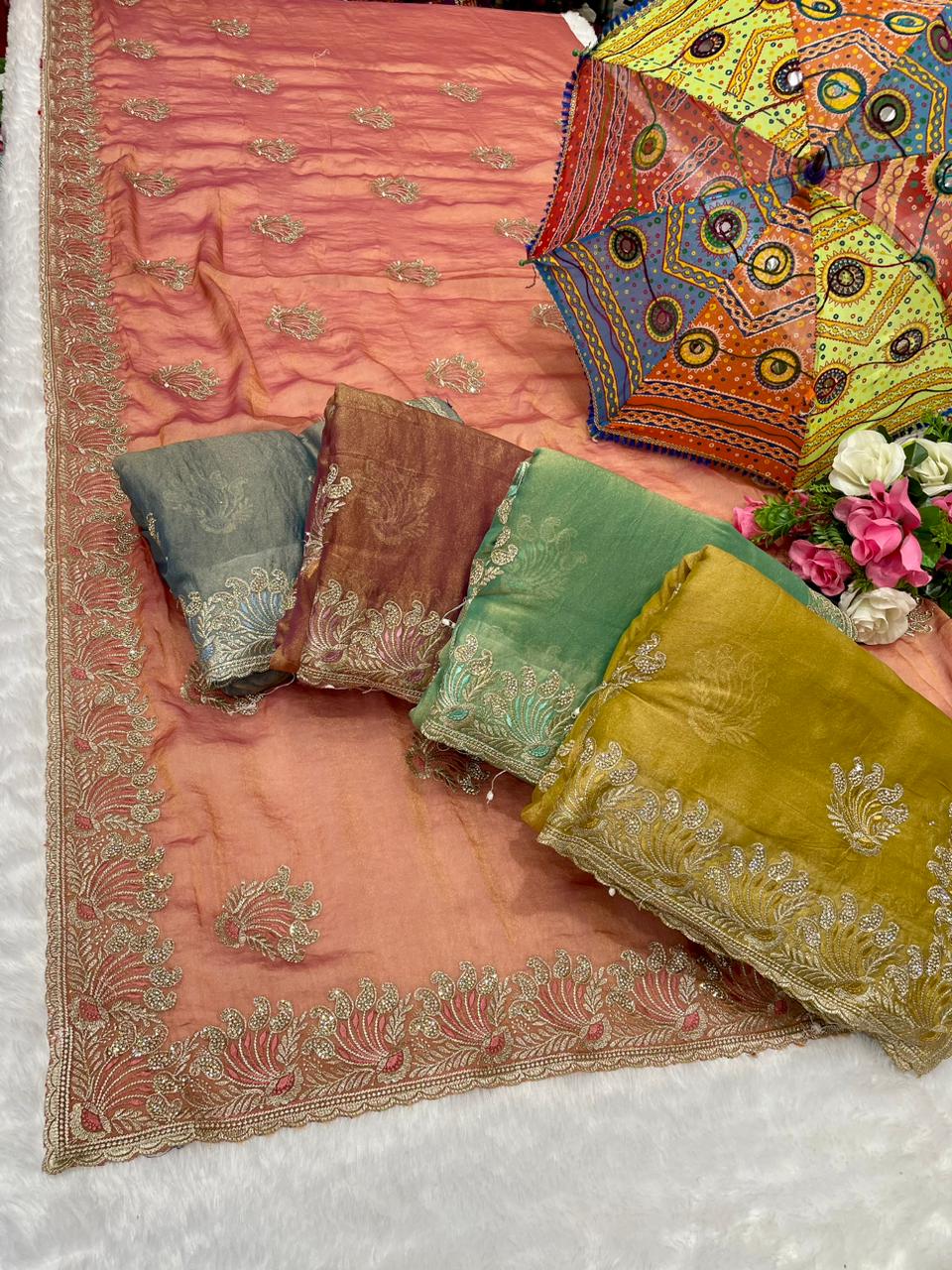 DF-RATAN Premium nc moss saree with c-pallu work with jarkan work with thread work with heavy blouse