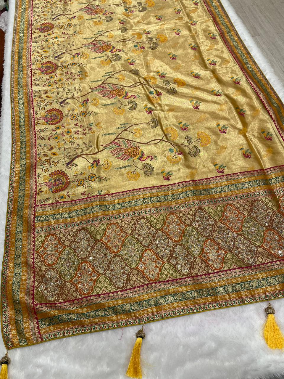 AJ-BASERA TISSUE SAREE WITH HEAVY JARKAN WORK WITH BROCADE BLOUSE AND BEAUTIFUL DESIGN WITH LATKAN