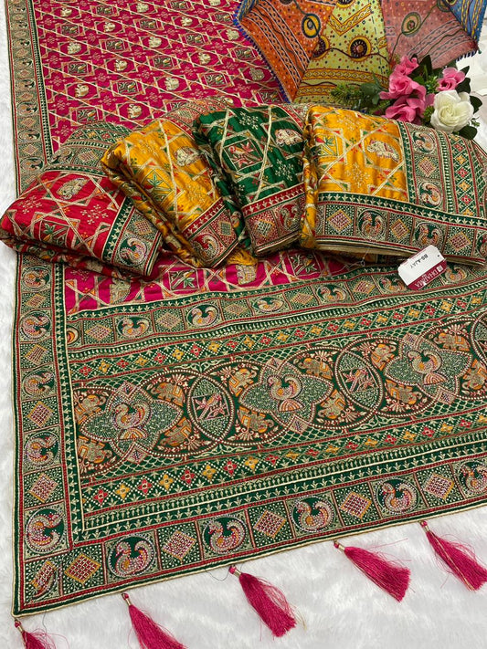 BS-CHANDPOL GAJJI SATIN SILK WITH HEAVY VISCOS DESIGN WITH MULTI WORK AND HEAY JARKAN WORK WUTH BEAUTIFUL DESIGN WITH TASSELS
