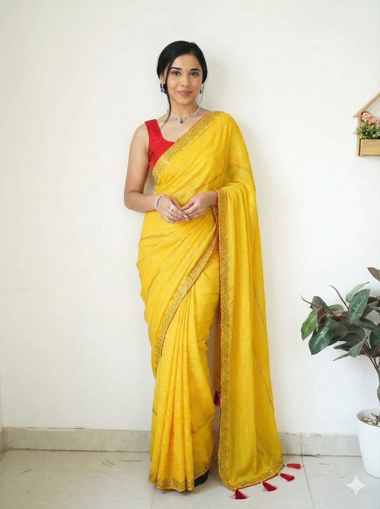 DF-ORIO-PATTA YELLOW SPECIAL WITH DMC SIROSKI ALL OVER WITH TASSELS AND CONTRAST BLOUSE