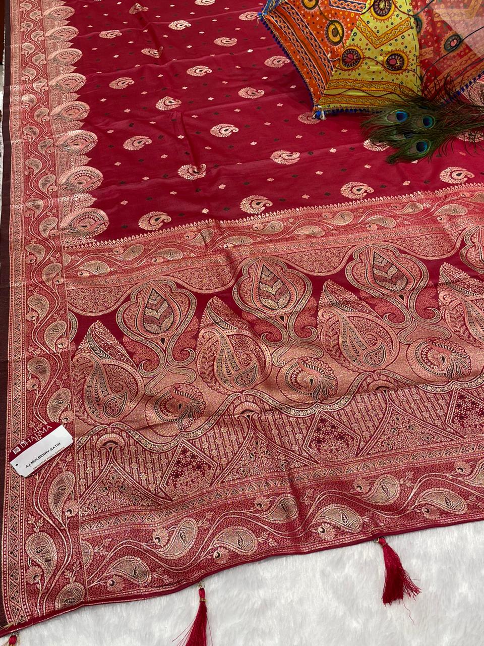 AJ-MULBERRY-SATIN SATIN SILK SAREE WITH HEAVY RICH PALLU DESIGN WITH WITH CARRY ON BODY WITH DUSTY COLORS 6.50 MTR CUT