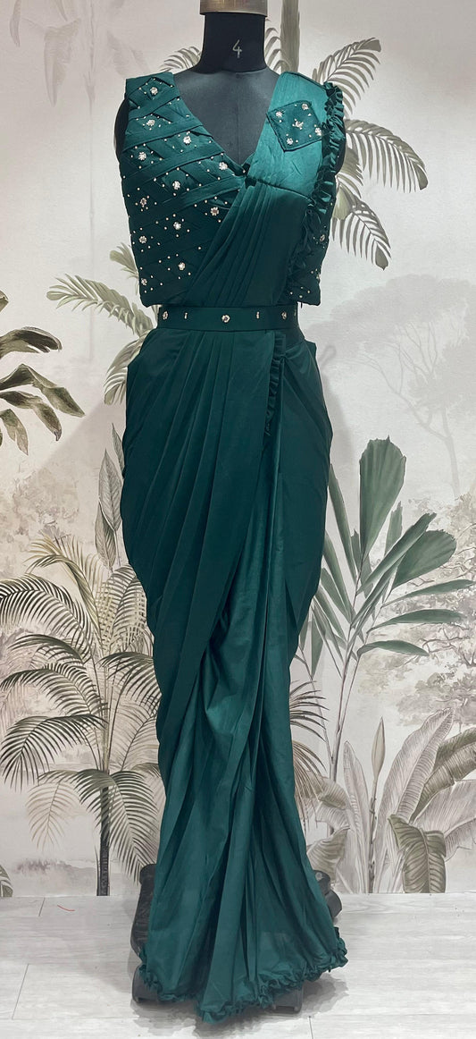 BS-101 DARK SATIN READY TO WEAR SAREE WITH STITCHED BLOUSE WITH JARKAN WORK PREMIUM DESIGN MODERN LOOK