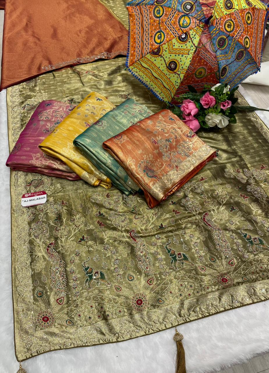 AJ-MALABAR Tissue saree with beautiful open pallu with gajraj and peacock design with jarkan work with meenakri work and diamond border with contrast brocade blouse with luxury tassels