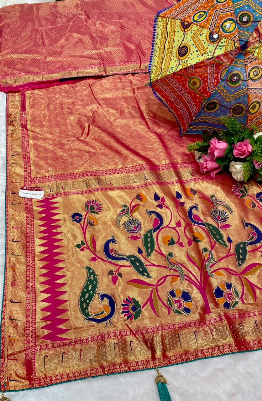 AJ-KETKI-DUPATTA KANJIVARAM TISSUE SAREE WITH DUPATTA AND HEAVY JARKAN WORK WITH PAITHANI DESIGN