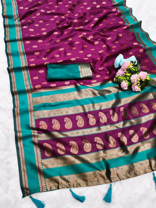 AJ-CHAMP-NARAYAN-PETH SOFT CHAMPION SILK WITH NARAYAN PETH DESIGN IN TRENDING BUTTI CONTRAST BORDER WITH TASSELS