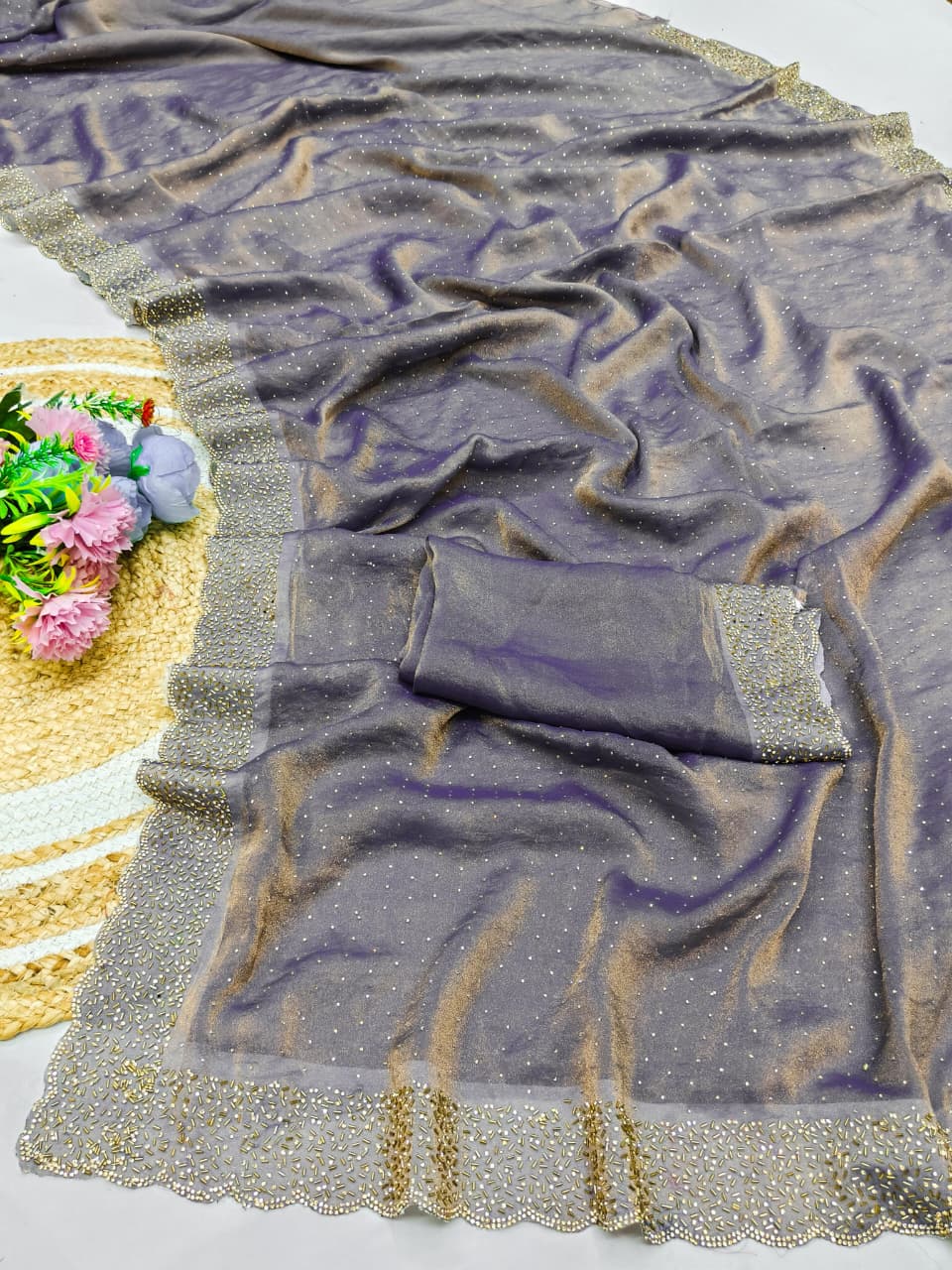 DF-VIRAL BEATS NC MOSS FABRIC SAREE WITH HEAVY JARKANWORK WITH BEAUTIFUL DESIGN AND TRENDING SAREE WITH HEAVY BLOUSE