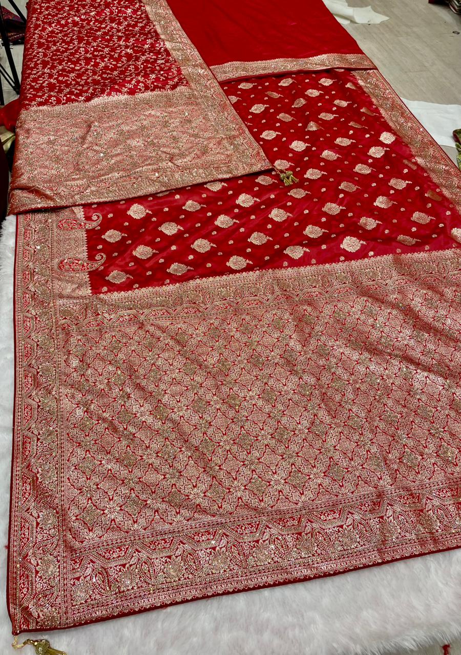 AJ-MAHER-DUPTTA SATIN SILK SAREE WITH DUPATTA AND RED AND ONLY RANI COLOUR WITH FULL HEAVY JARKAN WORK WITH HEAVY PIPING AND LUXURY TASSELS WITH DUPTTA WITH JARKAN WORK AND MOST TRENDING BRIDAL SAREE