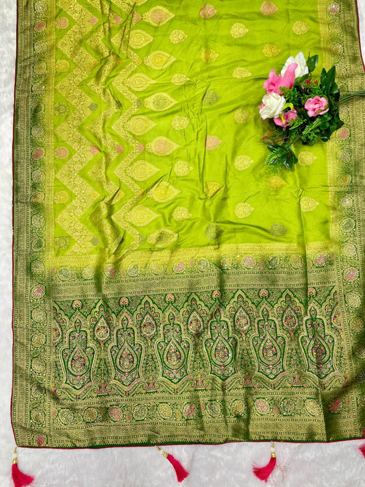 AJ-VIRASAT EUROPEAN DOLA SILK SAREE WITH HEAVY JARKAN WORK WITH CONTRAST PALLU AND BORDER WITH BEAUTIFUL DESIGN WITH TASSELS